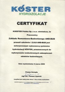 certyfikat hydroizolacje - iniekcja krystaliczna